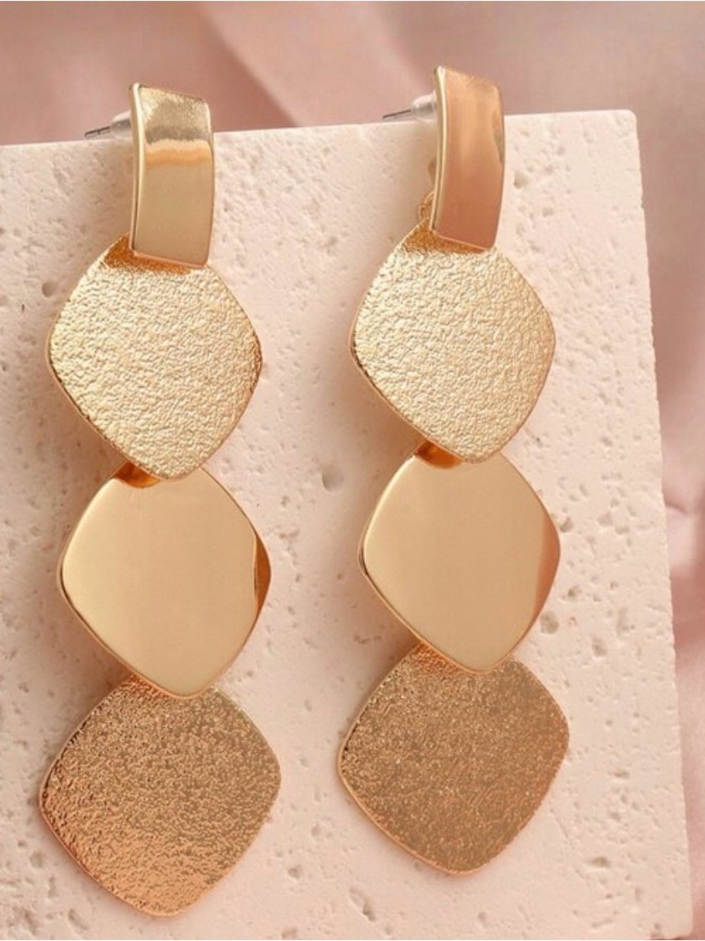 Gold Triple-Drop Textured Geometric Earrings